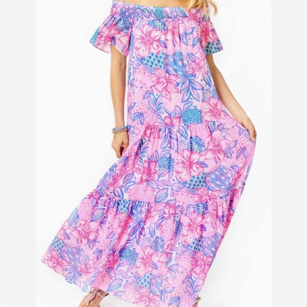 Lilly Pulitzer Dezi Off Shoulder Maxi Dress Pink Snappy Turtle - Picture 5 of 7
